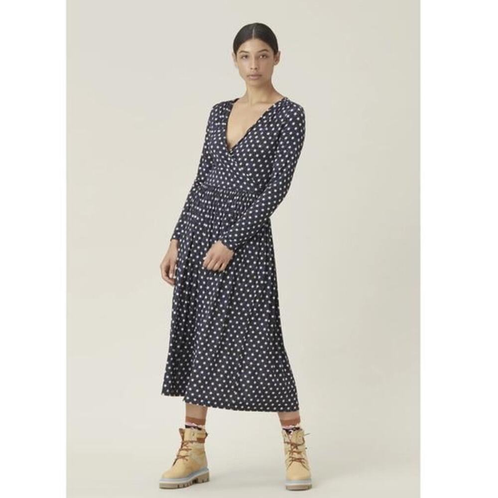 STINE GOYA ALINA JERSEY DRESS in STARS Black Blue White Size XS Long Sleeve Midi